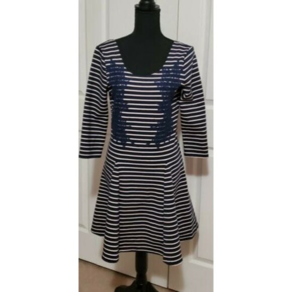 Free People 3/4 Sleeve Striped Embroidered Fit N Flare Dress Women's Sz M - Picture 1 of 6